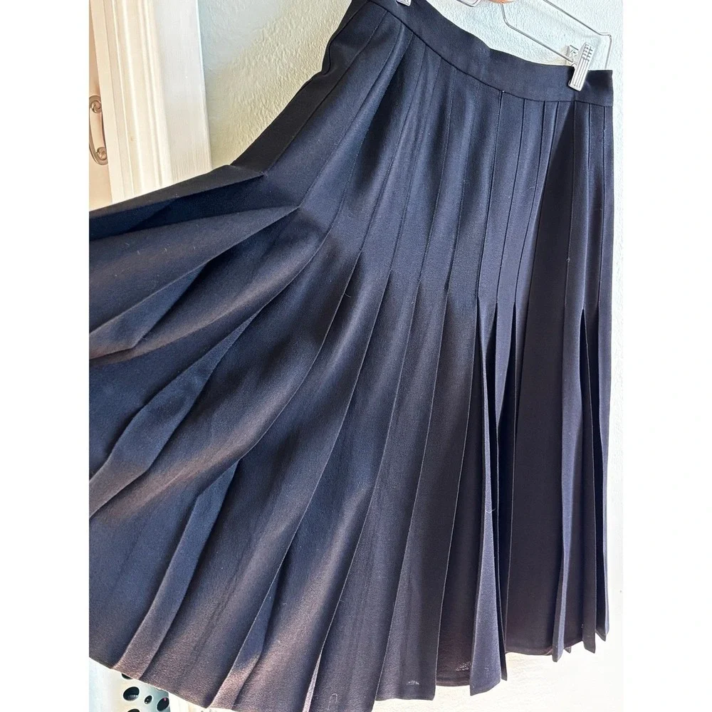 LANVIN Vintage Black Wool‎ Blend Pleated Wrap Skirt Size 42 US 6-8